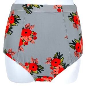 Swimsuit High Waisted Bikini Bottom in Grey with Rose Print Size XS